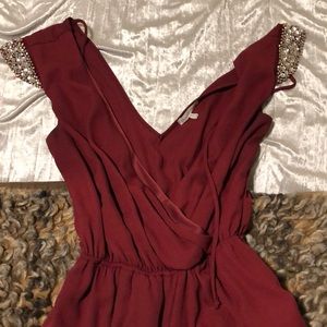 Maroon rhinestone sleeved jumpsuit